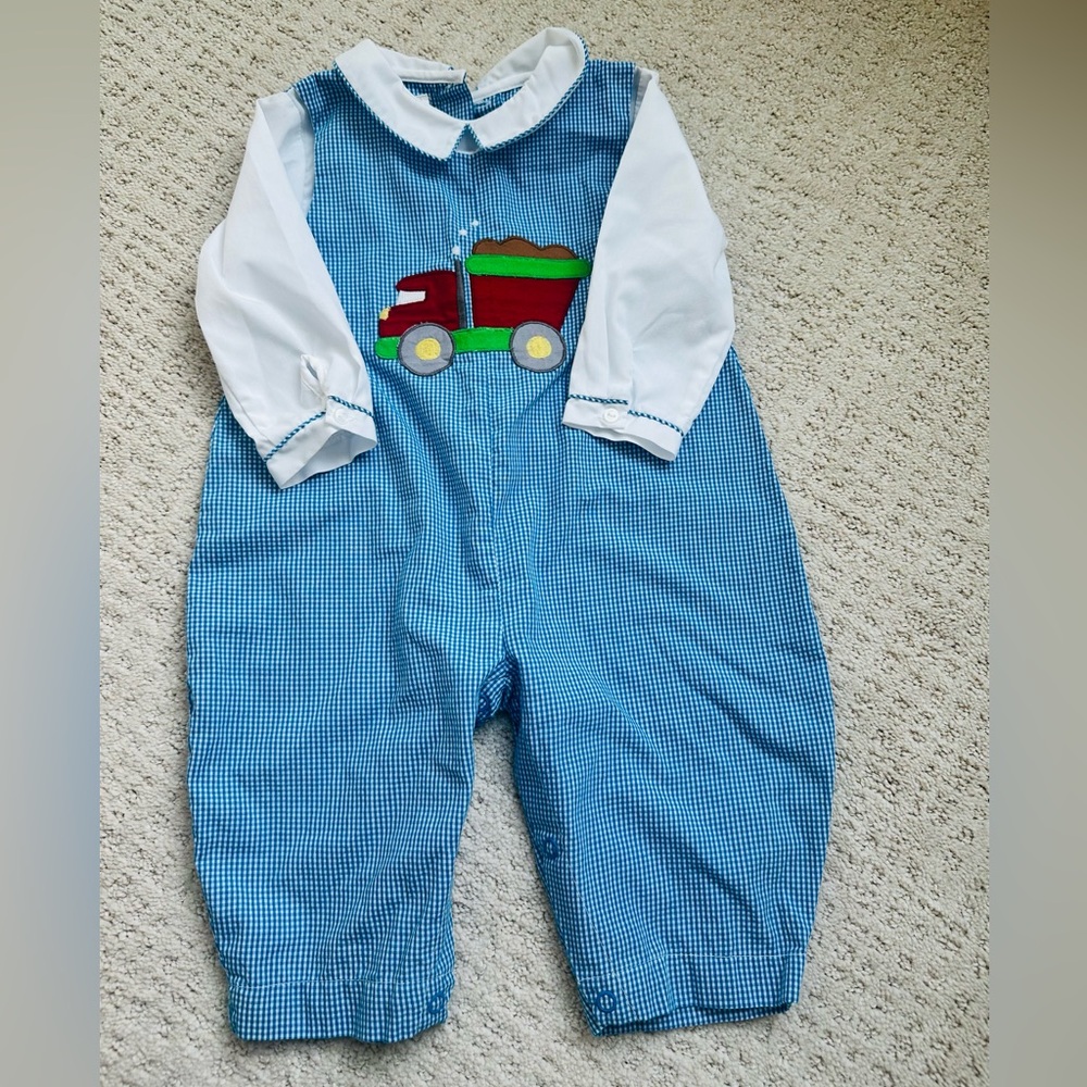Blue Gingham Baby Romper with Truck Applique